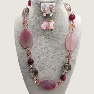 Vintage Chunky Pink Purple Art Glass Bead Necklace Earrings Set Murano Style